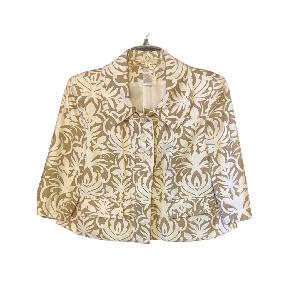 Worthington Jacket Womens Large Beige White Floral Damask Satin Stretch Cropped